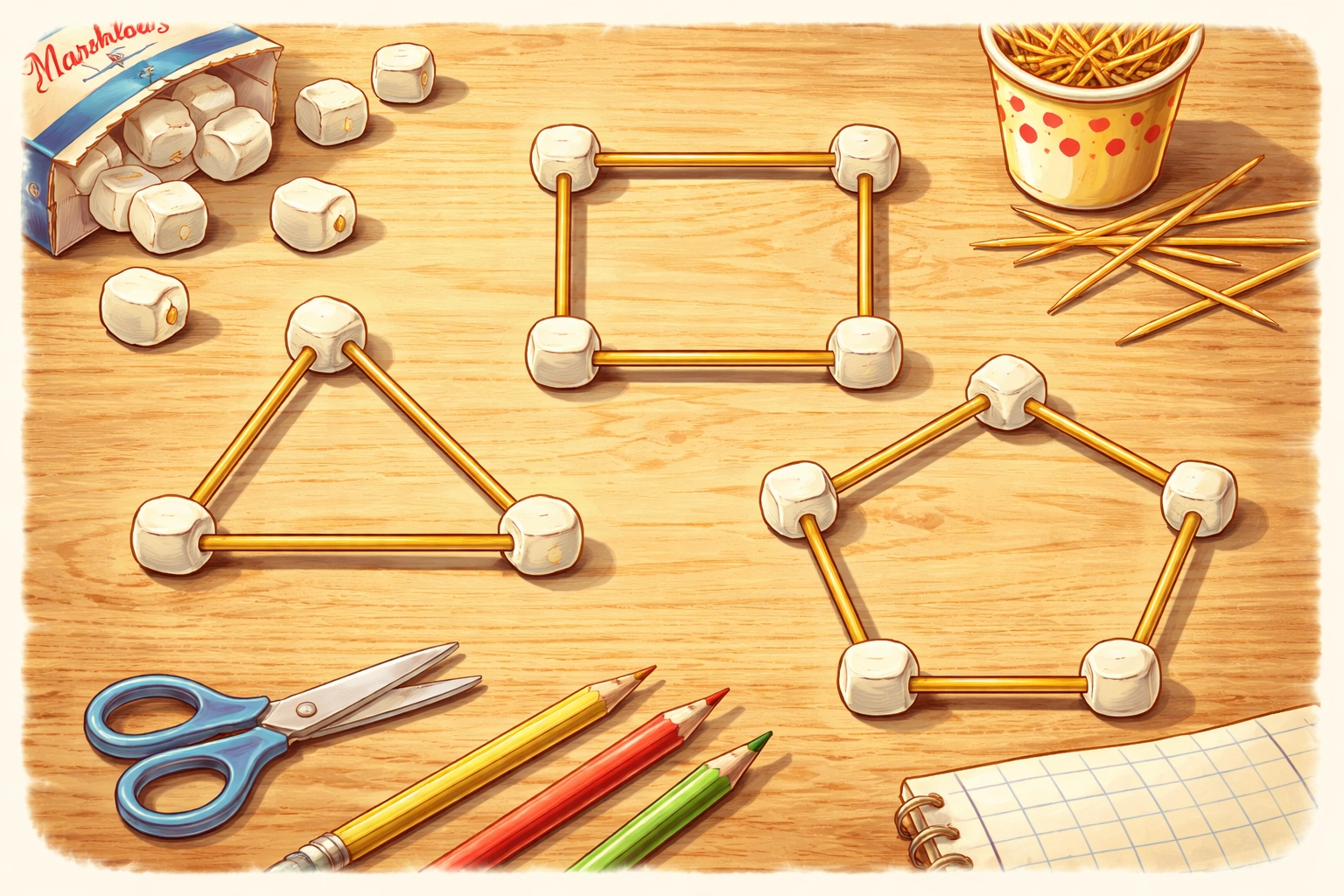Top view of simple marshmallow and toothpick shapes: triangle, square, and pentagon on a wooden table
