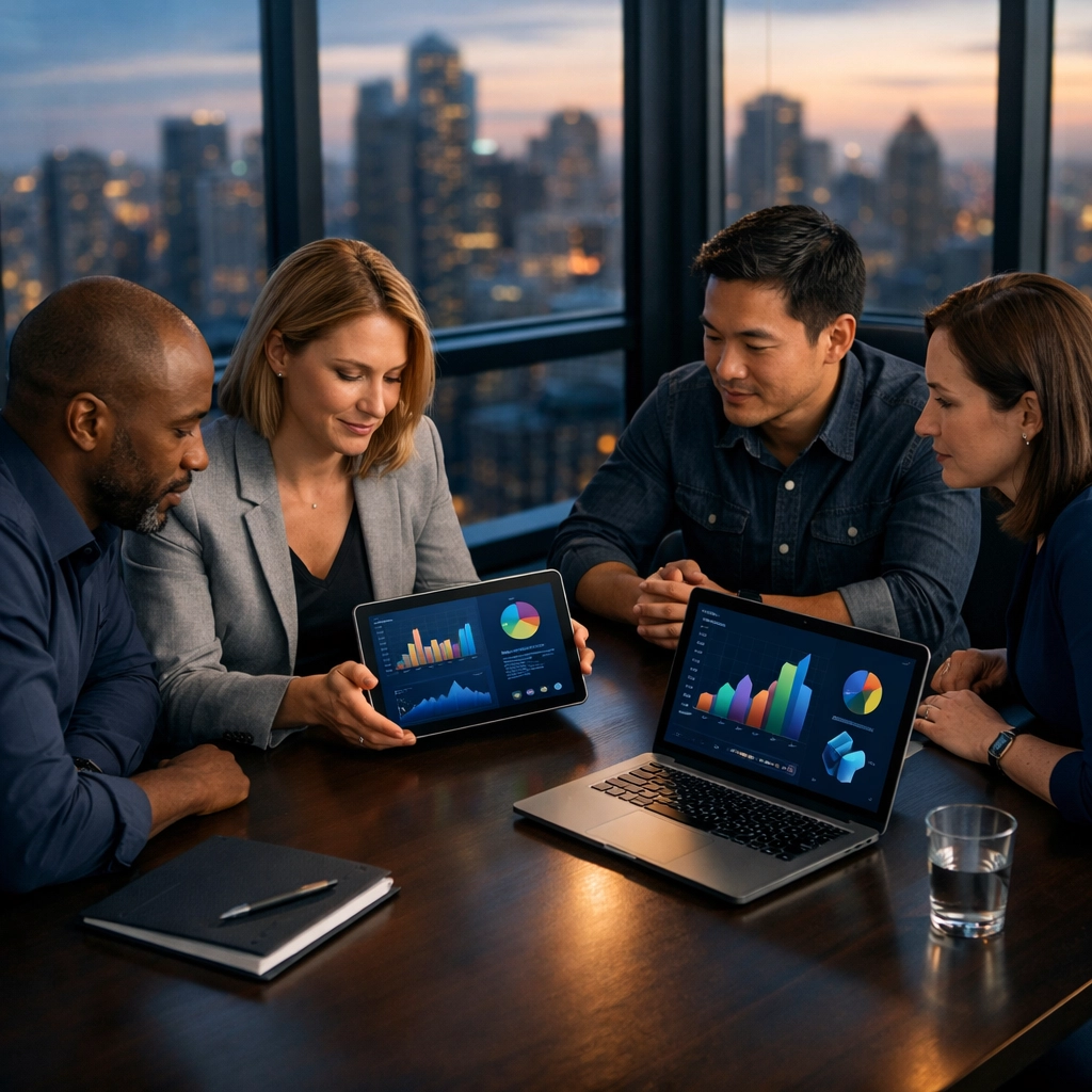 Professionals analyzing business data for specialized consulting and strategic global media planning.