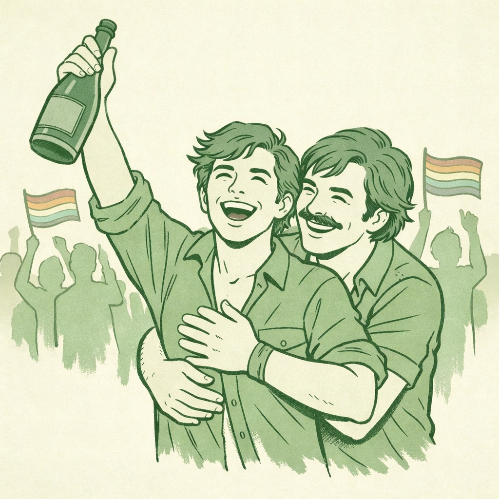 Gay couple celebrates with champagne at 1970s post-Stonewall Pride parade