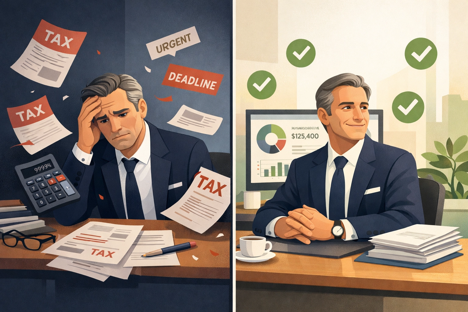 Executive tax planning comparison showing organized strategy versus unplanned approach