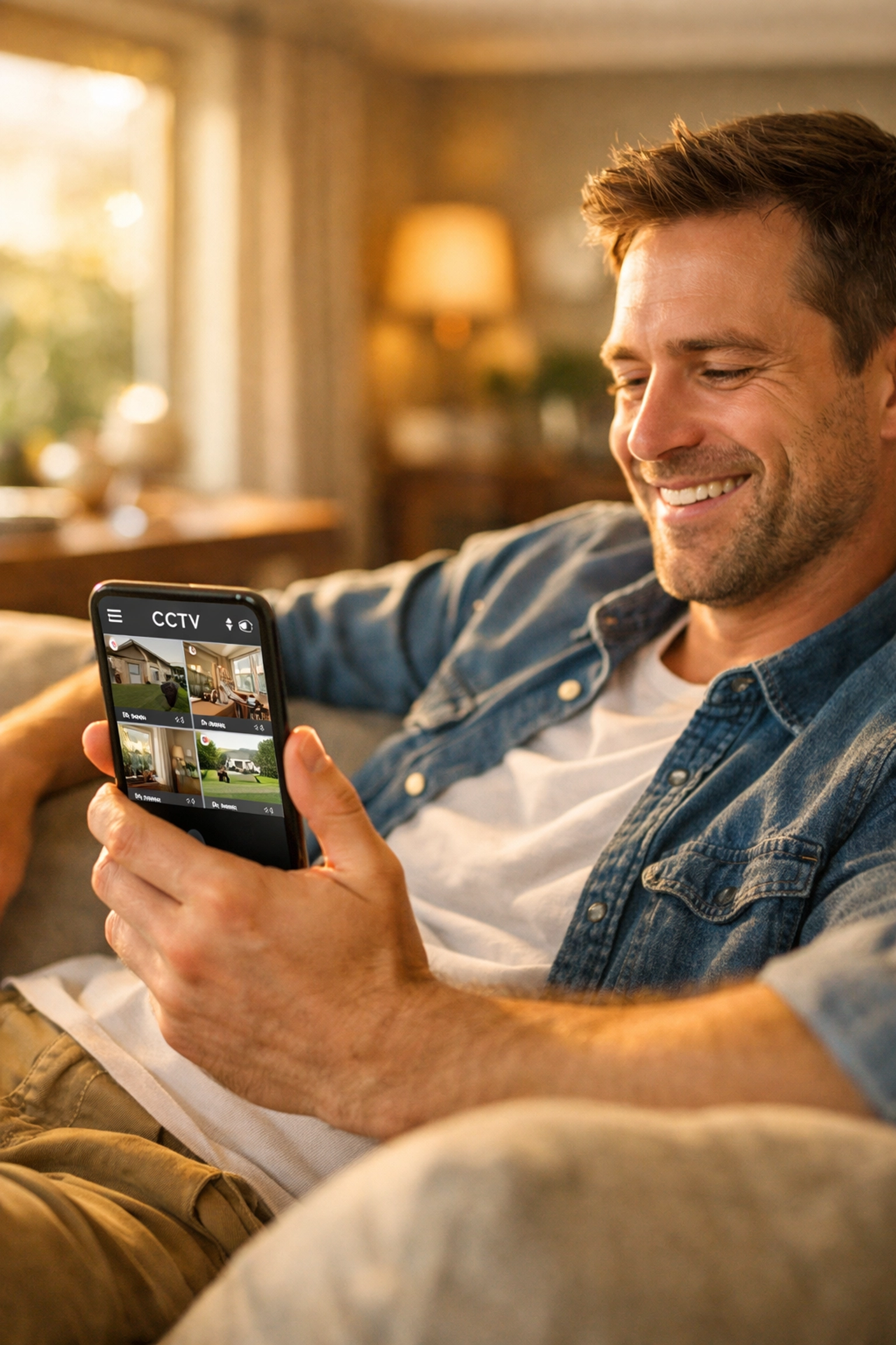 Homeowner in Slough viewing remote CCTV footage on a smartphone app for peace of mind.