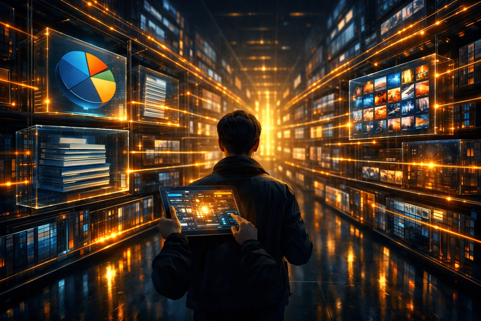 Interconnected data blocks in a digital library symbolizing structured project organization.