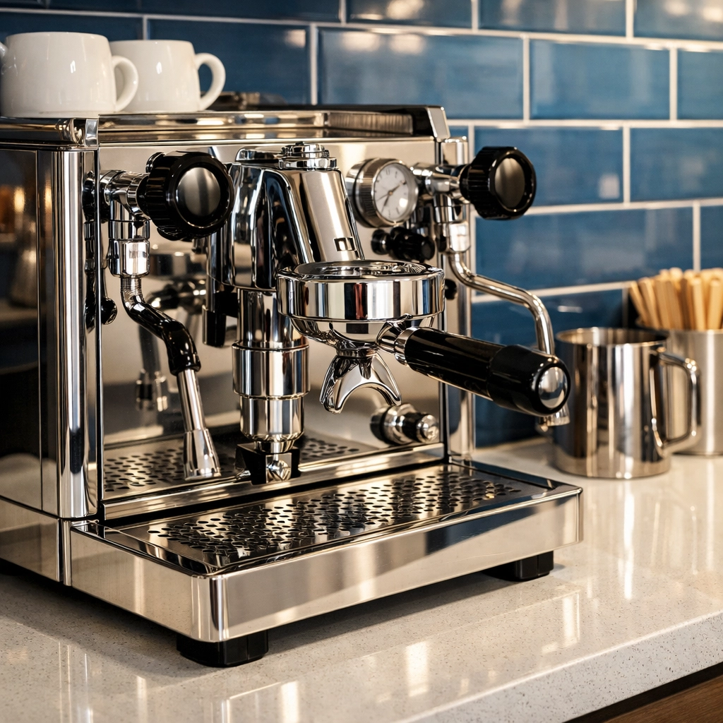 Polished office breakroom and espresso machine highlighting meticulous office cleaning Cambridge details.