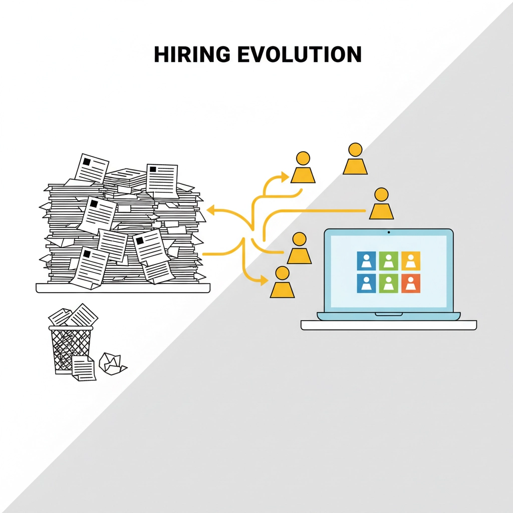 Pile of papers with a bin contrasts digital hiring; yellow icons lead to a laptop with profile icons. Text: "Hiring Evolution."
