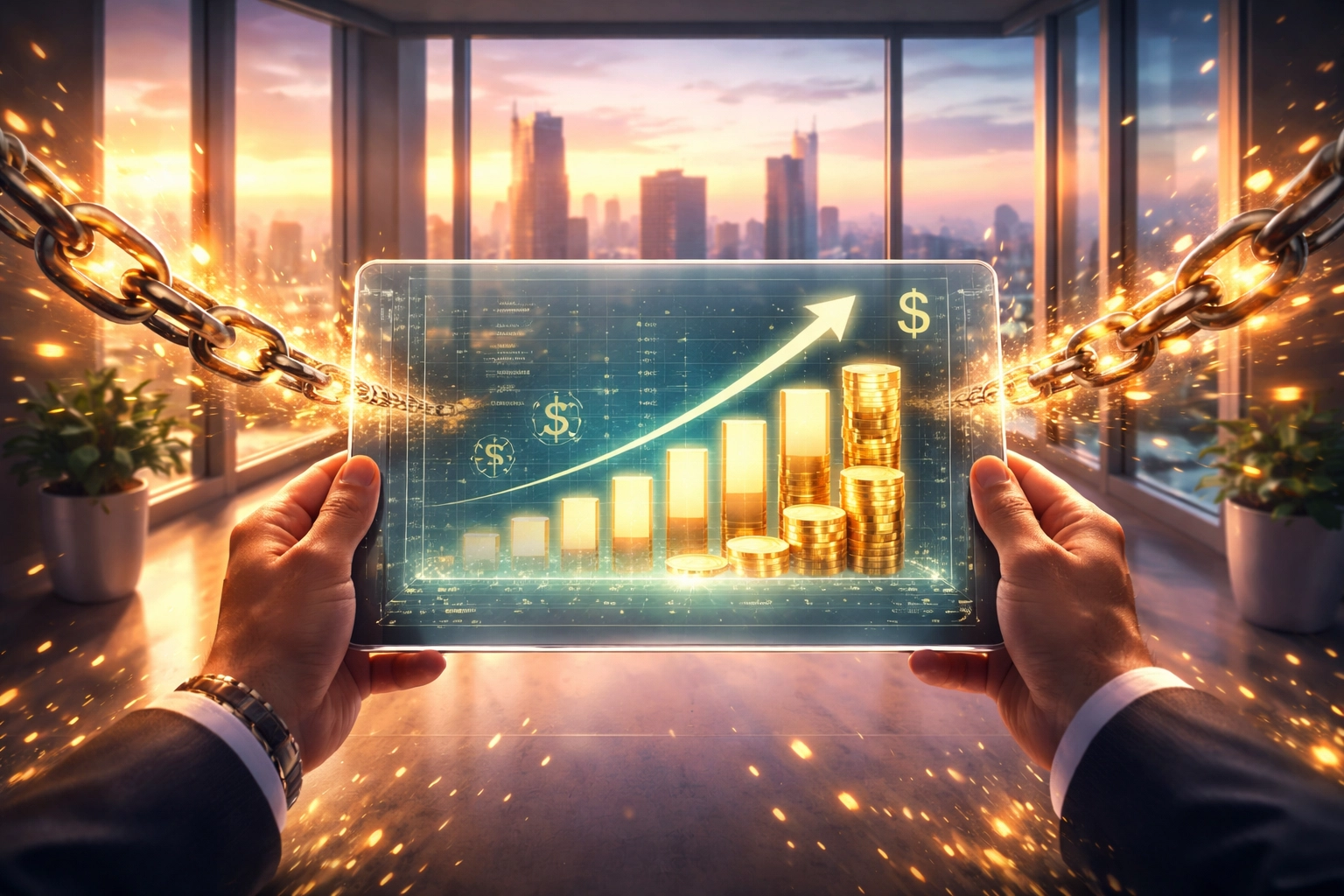 Merchant achieving financial freedom with LUSD stablecoin payments showing rising profits and independence