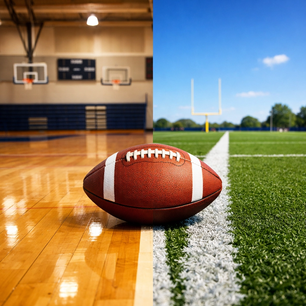 Split view of gym and turf field training locations for Capital QBs in Ottawa.