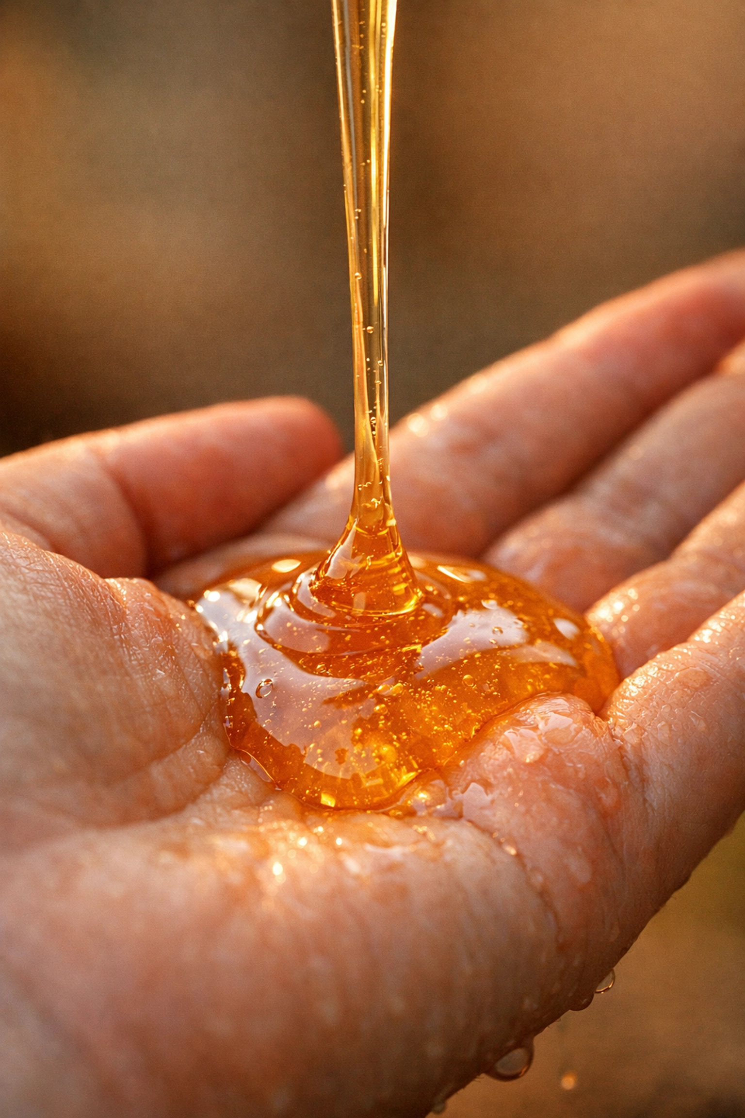 Raw honey being applied to a damp hand to act as a natural humectant for dry skin.