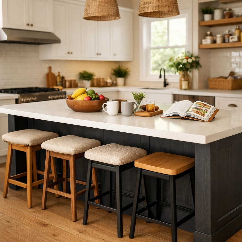 Kitchen island with integrated seating and contrasting cabinetry in modern home