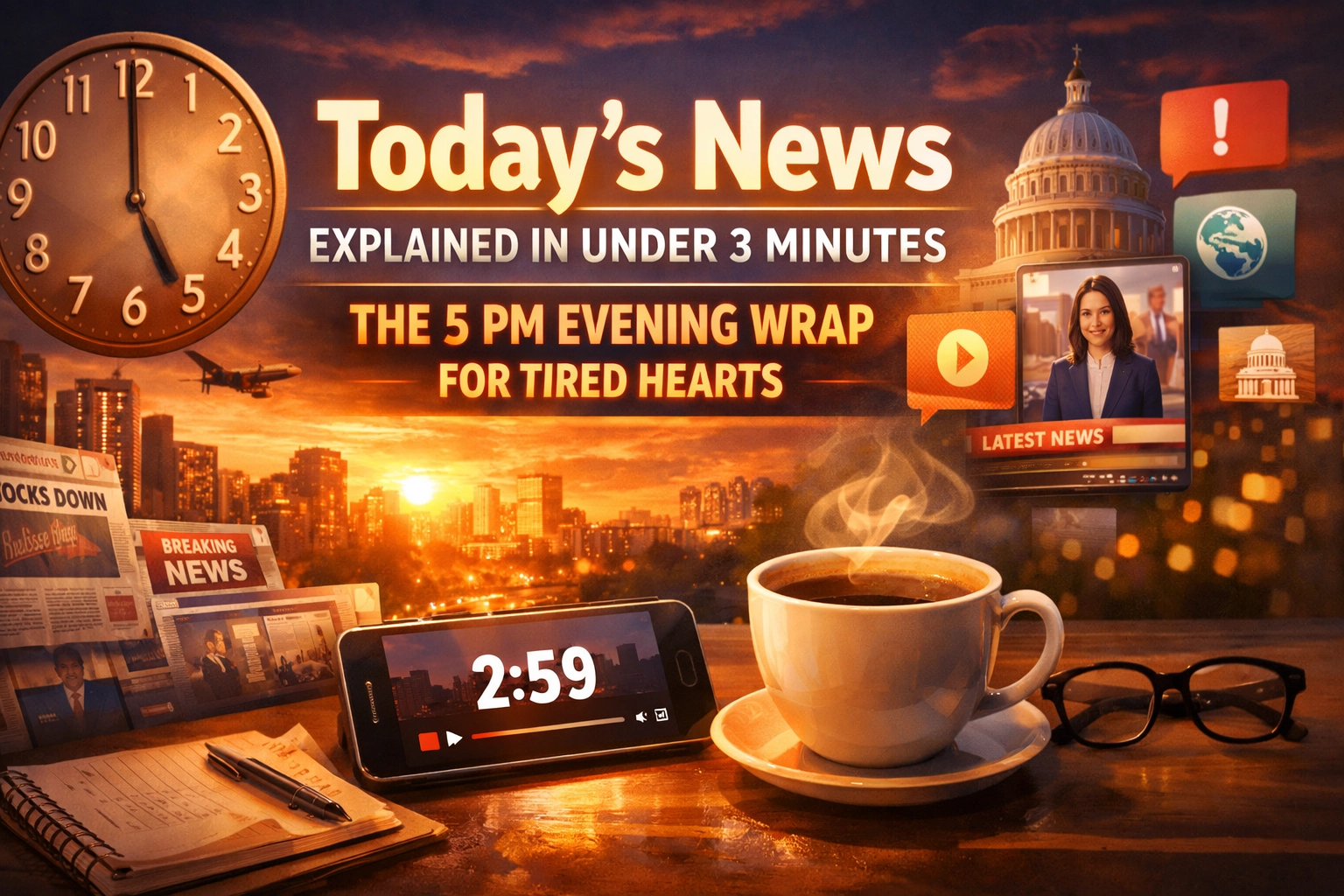 [HERO] Today’s News Explained in Under 3 Minutes: The 5 PM Evening Wrap for Tired Hearts