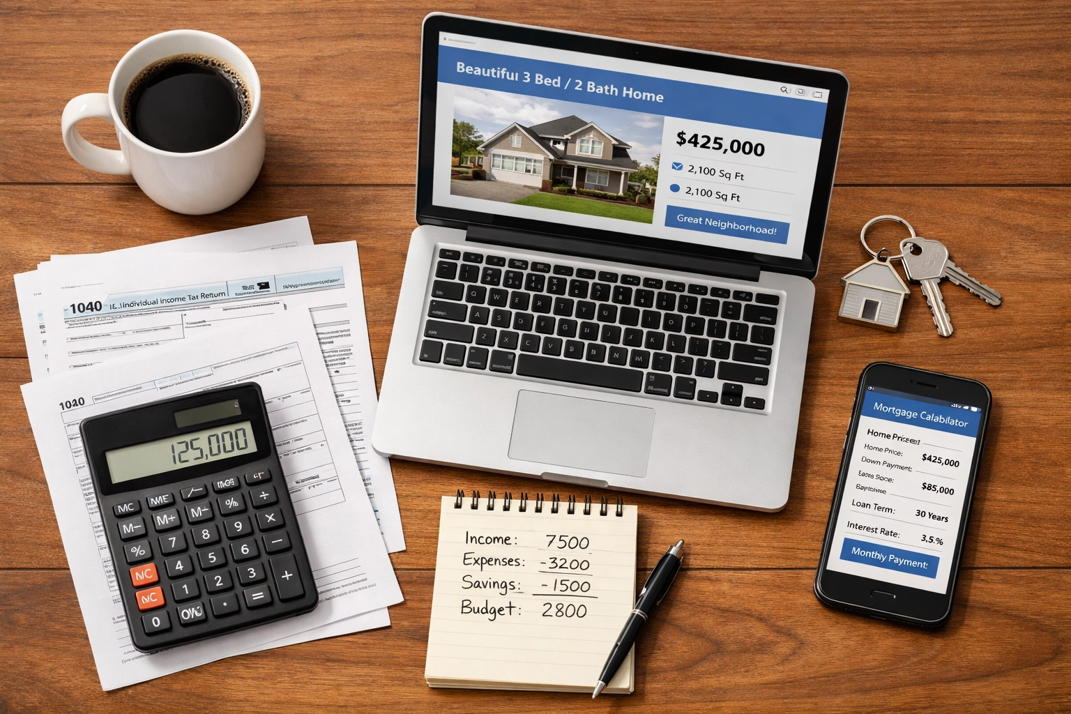 Tax season home buying preparation with documents, calculator, and mortgage planning