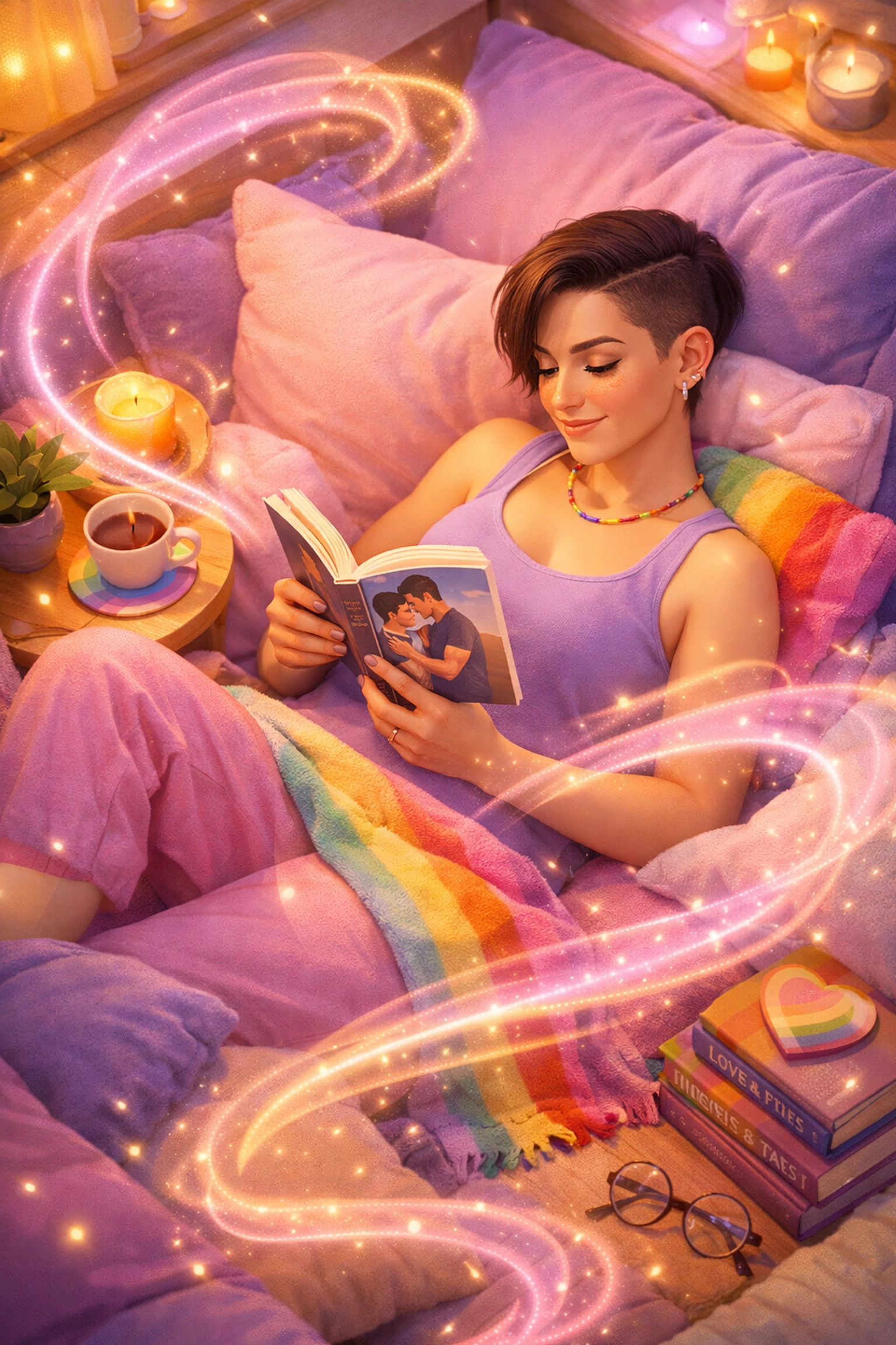A woman finds peace reading LGBTQ+ ebooks in a cozy corner, representing the healing power of queer fiction.