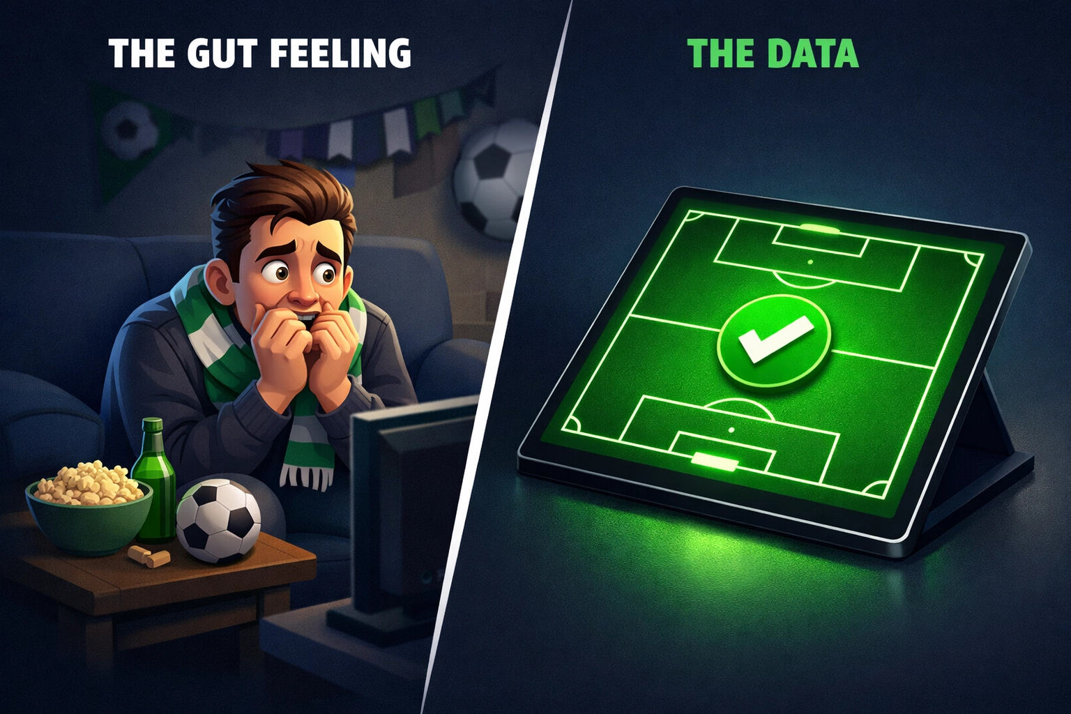 Comparing emotional gut-instinct betting with data-driven betting analytics on a football pitch.