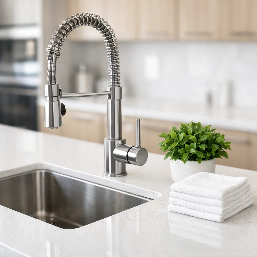 Clean modern kitchen with quartz countertops and organized supplies for Chicago move-in cleaning services.