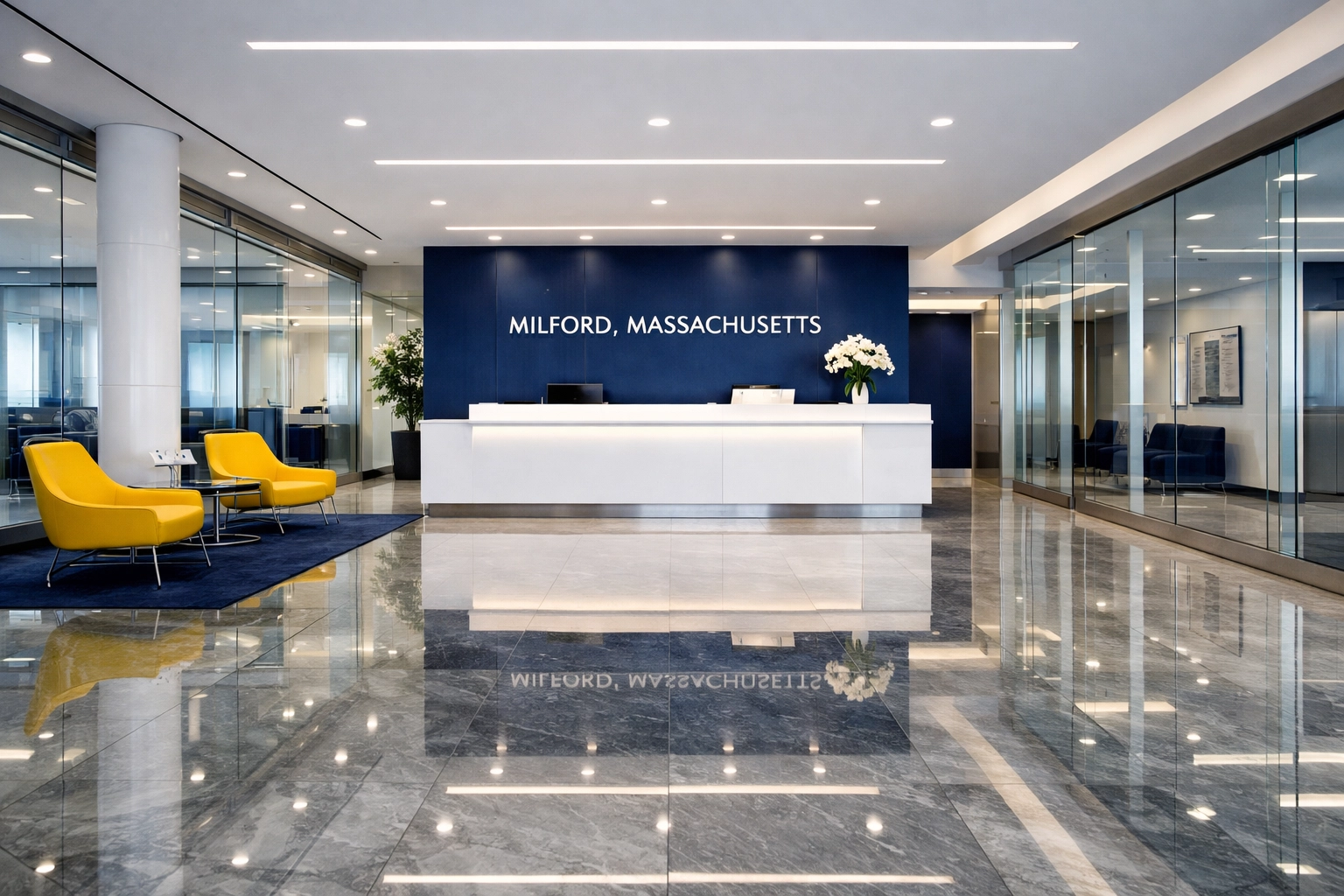 Spotless corporate lobby with polished floors showcasing professional commercial cleaning in Milford.
