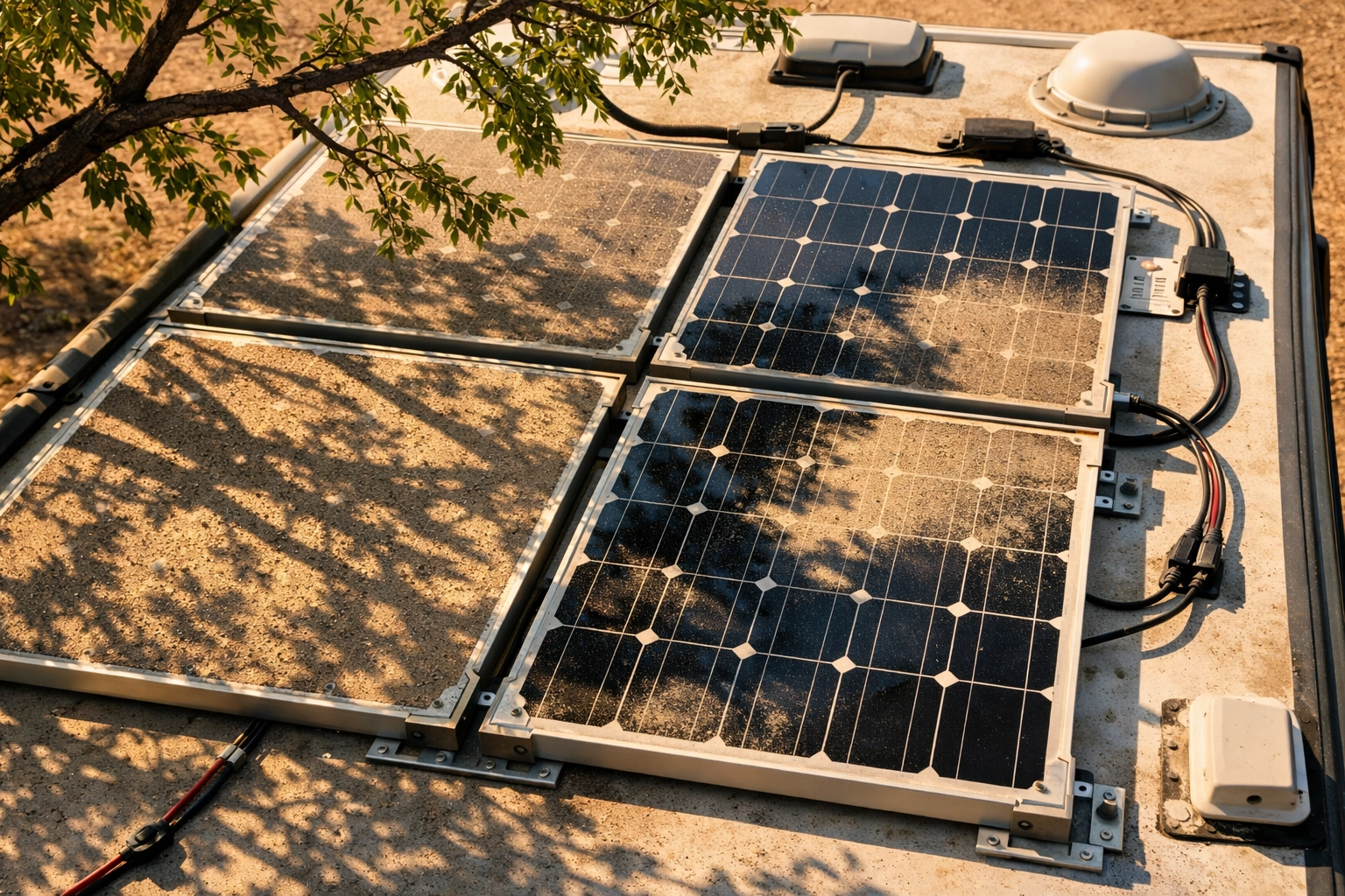 RV solar panels with dust and tree shading showing real-world performance conditions
