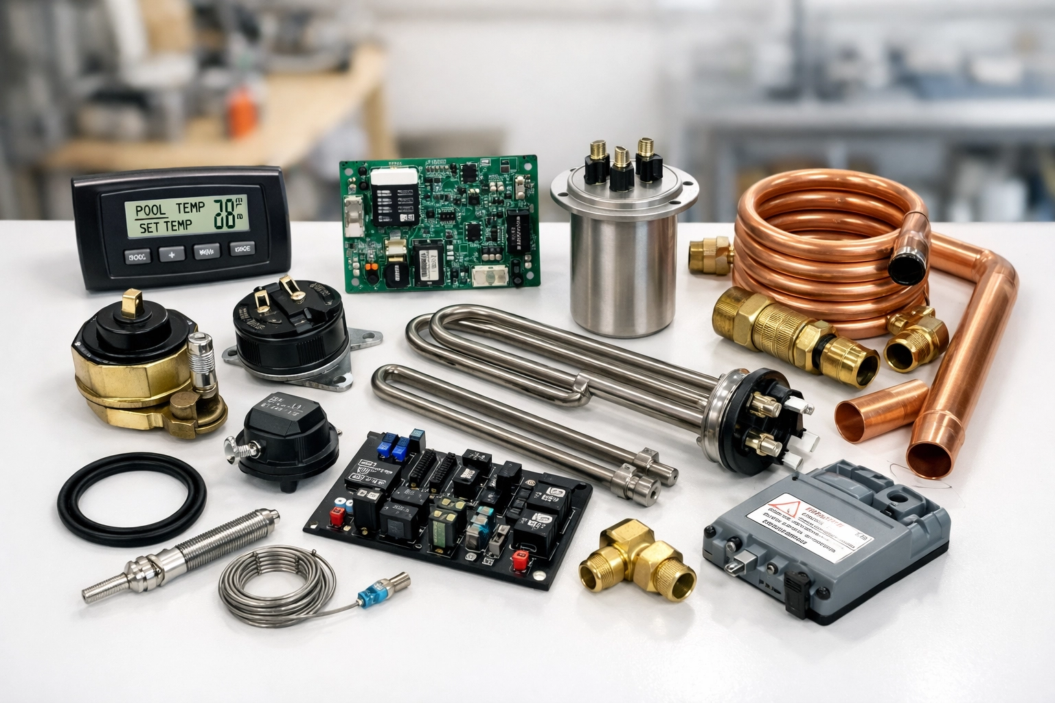 Pool heater replacement parts including thermostat, switches, and heating elements