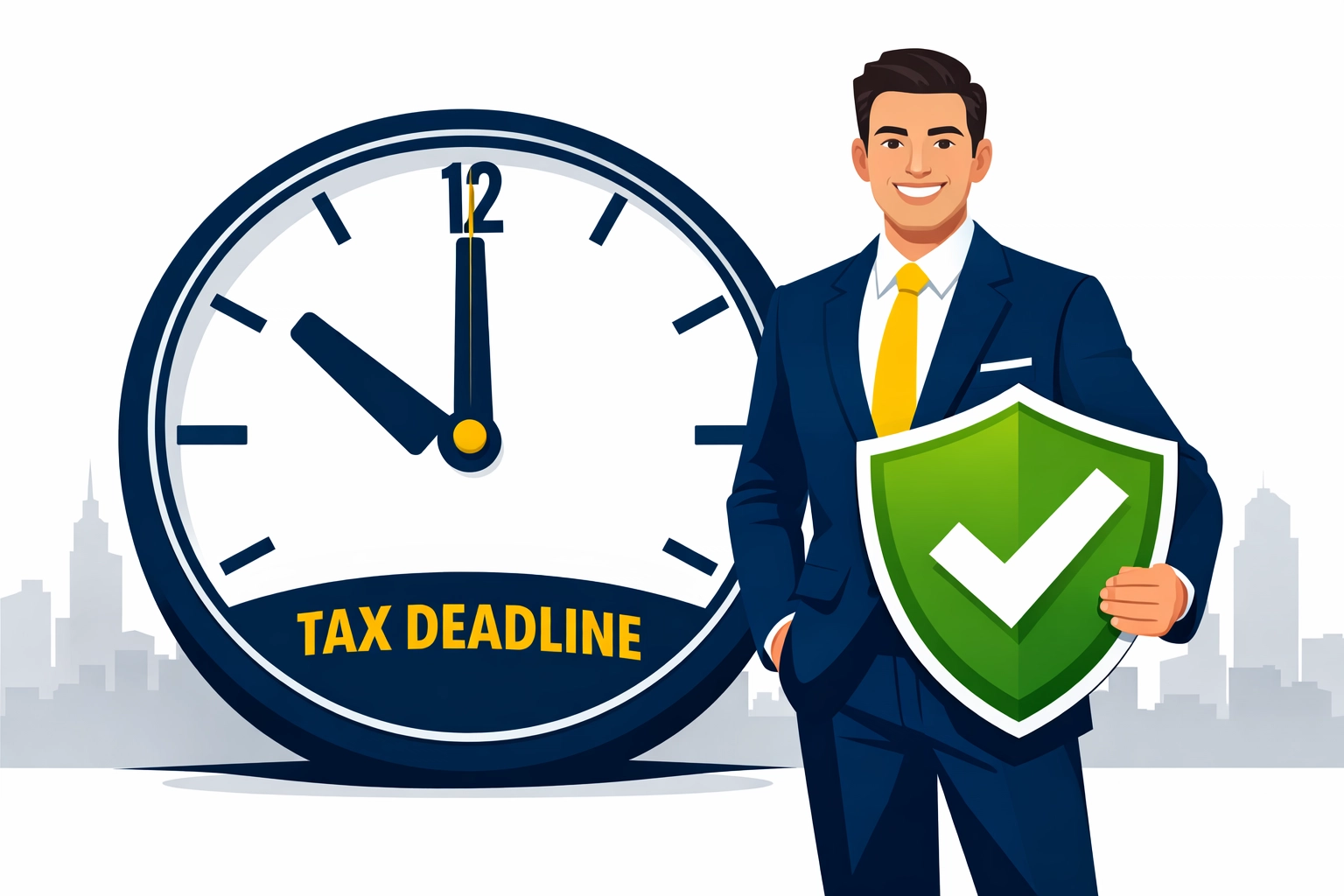 Tax professional standing by a clock to help New Haven residents beat the April 15 filing deadline safely.