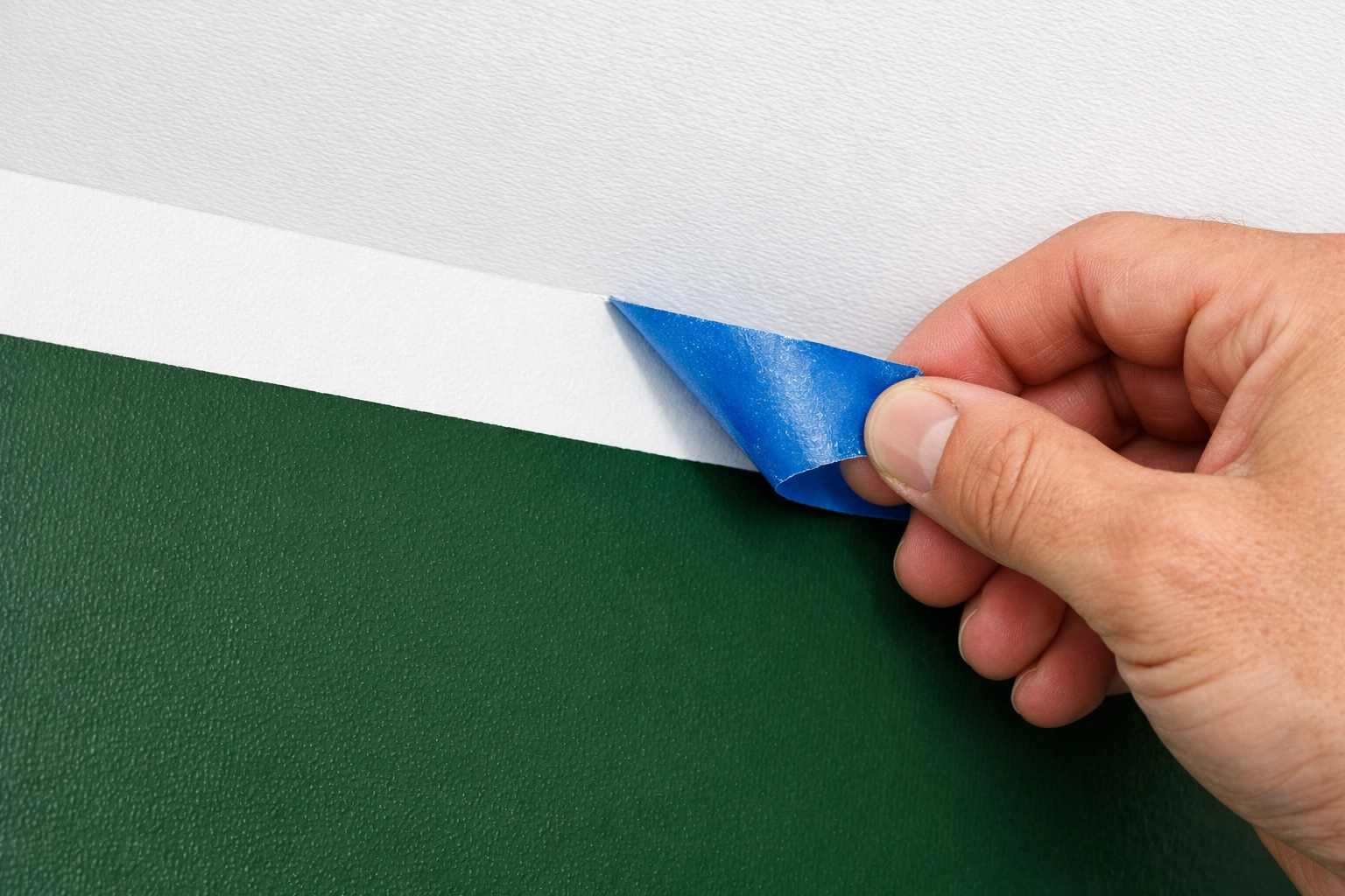 Close-up of a professional decorator creating sharp lines for a forest green colour capped ceiling in Cheltenham.
