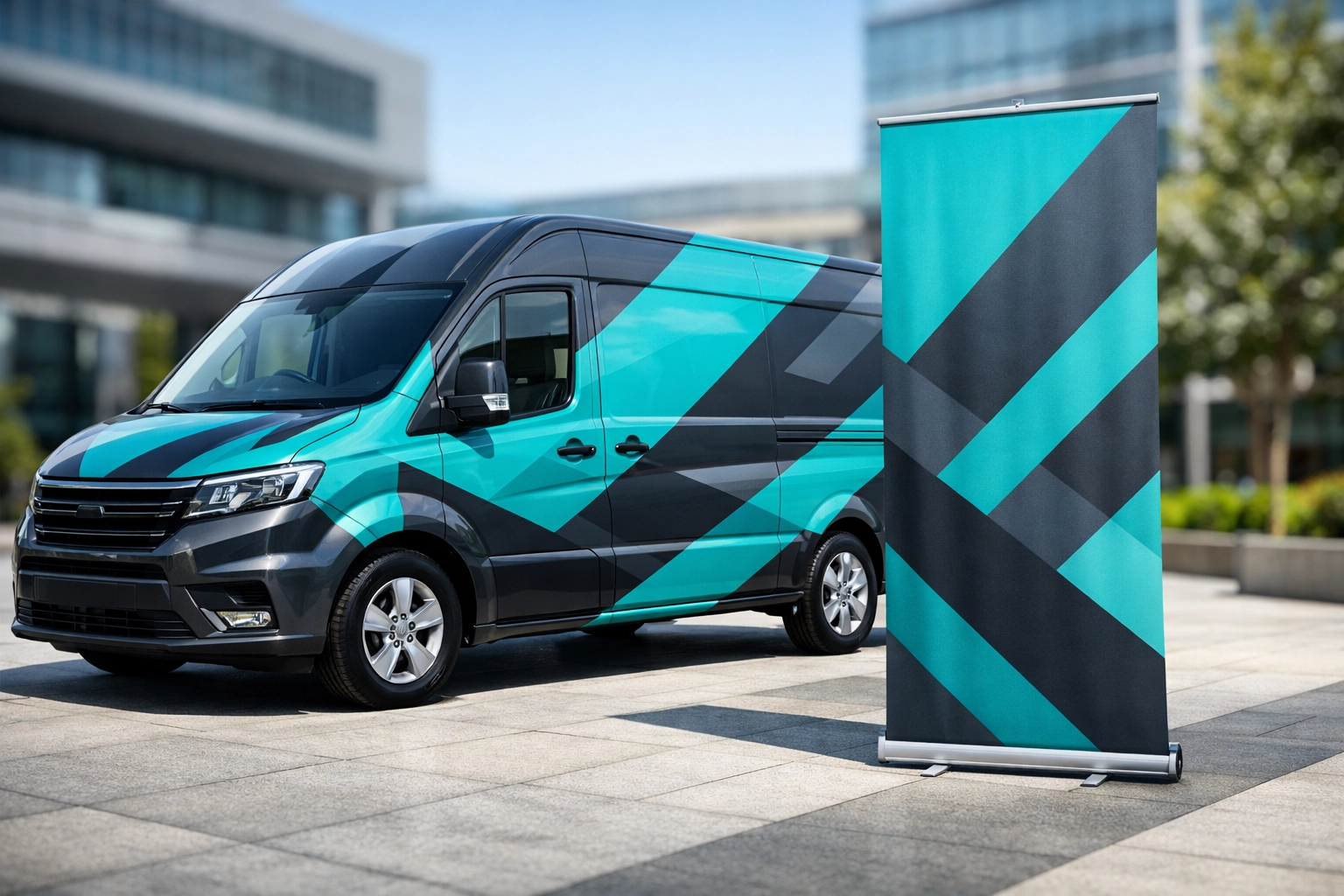 Matching car wrap and pop-up banner display for professional branding at DFW marketing events.