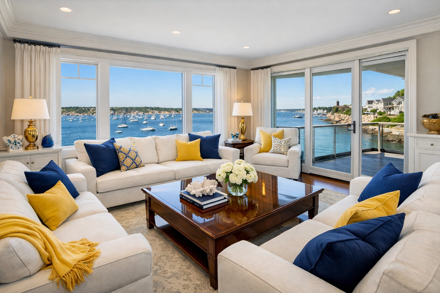 Pristine Marblehead living room with harbor views after a reliable house cleaning service in Marblehead visit.