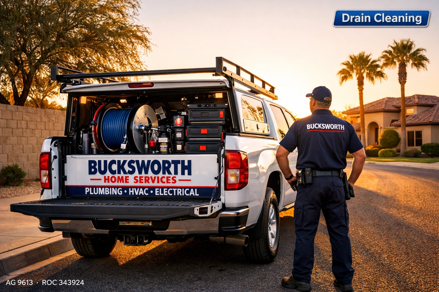 Bucksworth Home Services plumbing truck providing professional hydro jetting and drain cleaning in Litchfield Park.