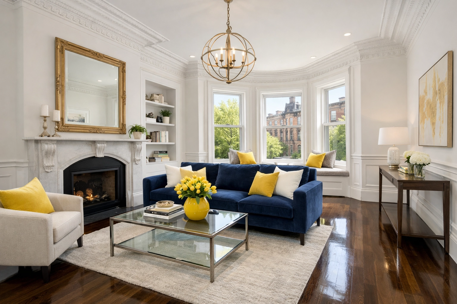 Immaculate Boston brownstone living room showcasing results of professional deep cleaning services in Boston.