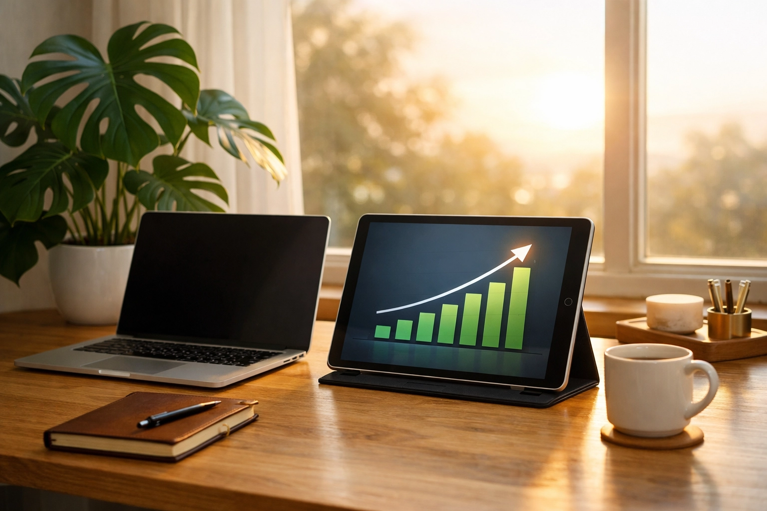 Modern workspace with a growth chart on a tablet showing how to monetize your blog effectively.