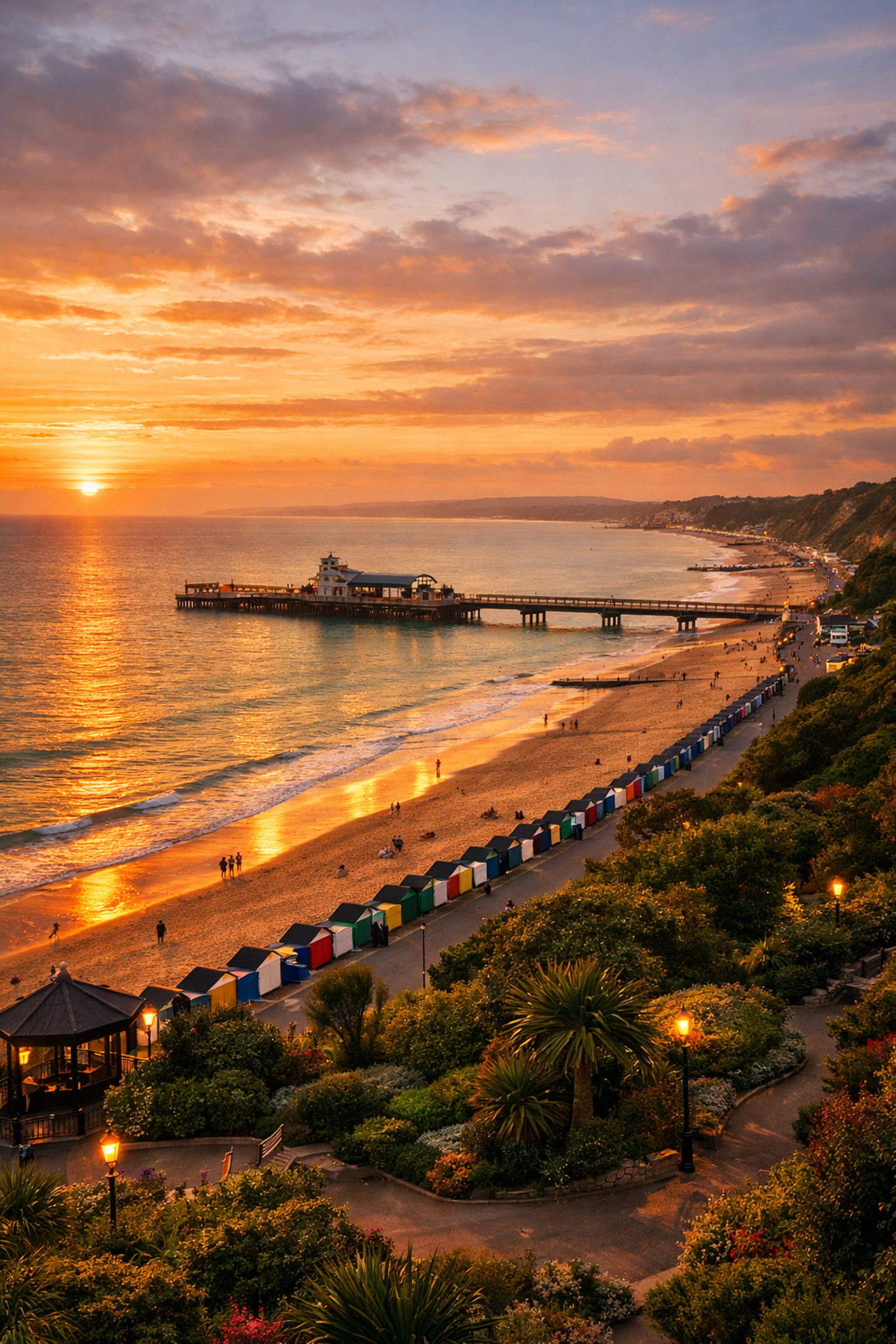 Bournemouth Beach clifftop view showing peaceful memorial location with pier and shoreline