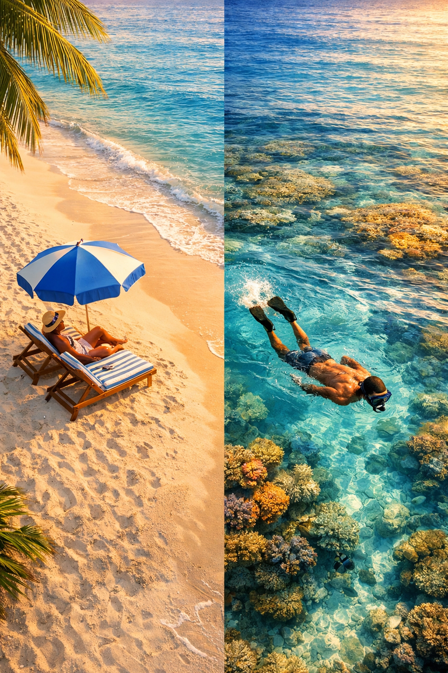 Balanced vacation activities showing beach relaxation and snorkeling at tropical resort