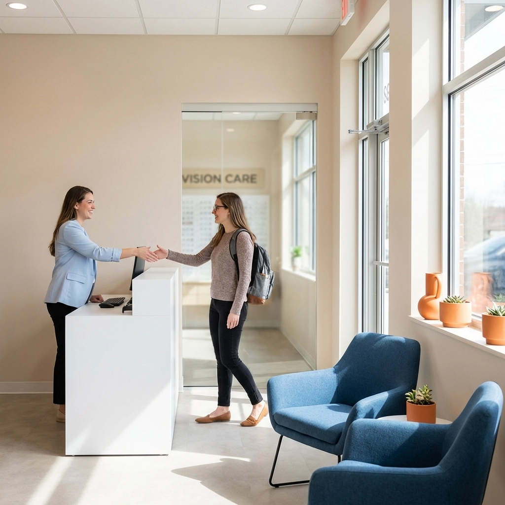 Friendly receptionist welcoming a patient at a contemporary eye care clinic in Metro Detroit