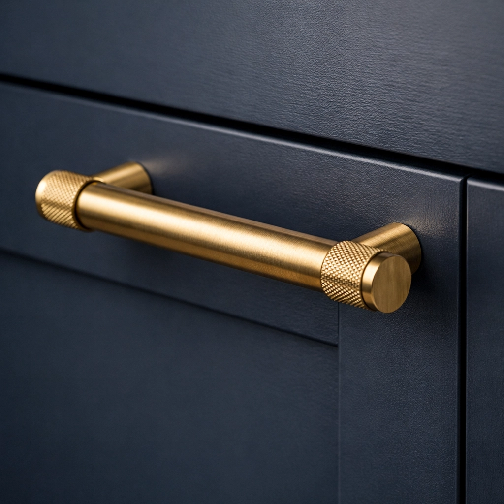 High-quality home craftsmanship showing a modern brass handle on custom navy cabinetry in a renovated kitchen.