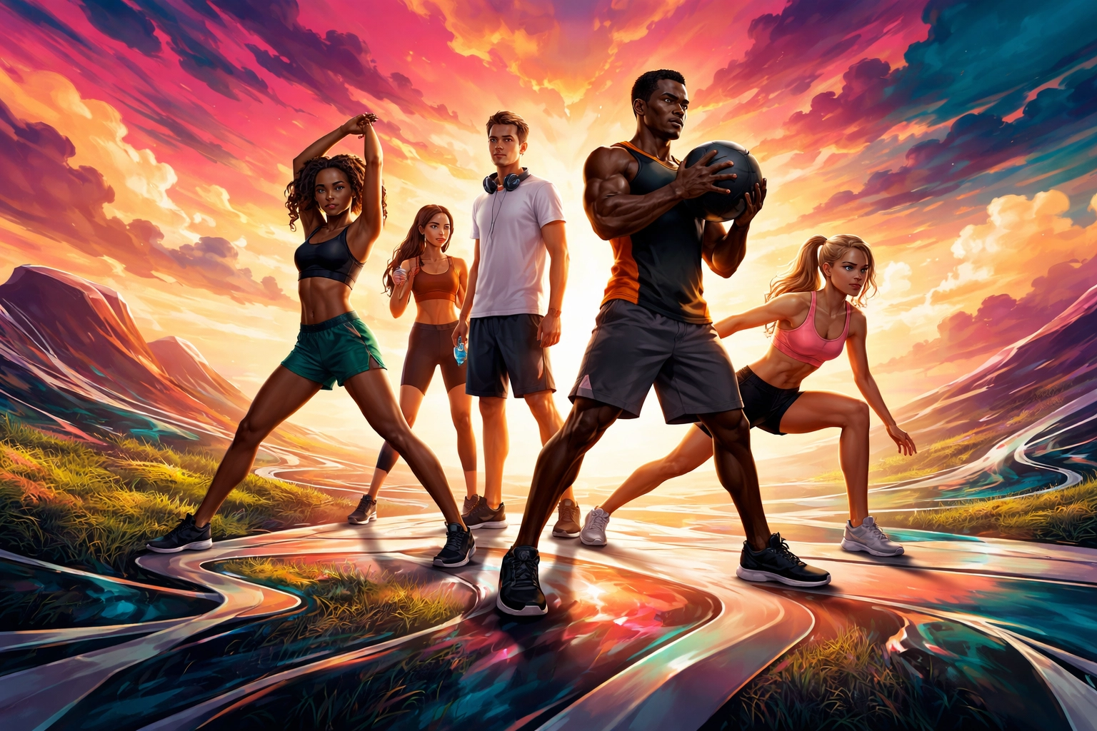 Diverse young athletes in action poses on an abstract field, symbolizing holistic athletic development and teamwork.