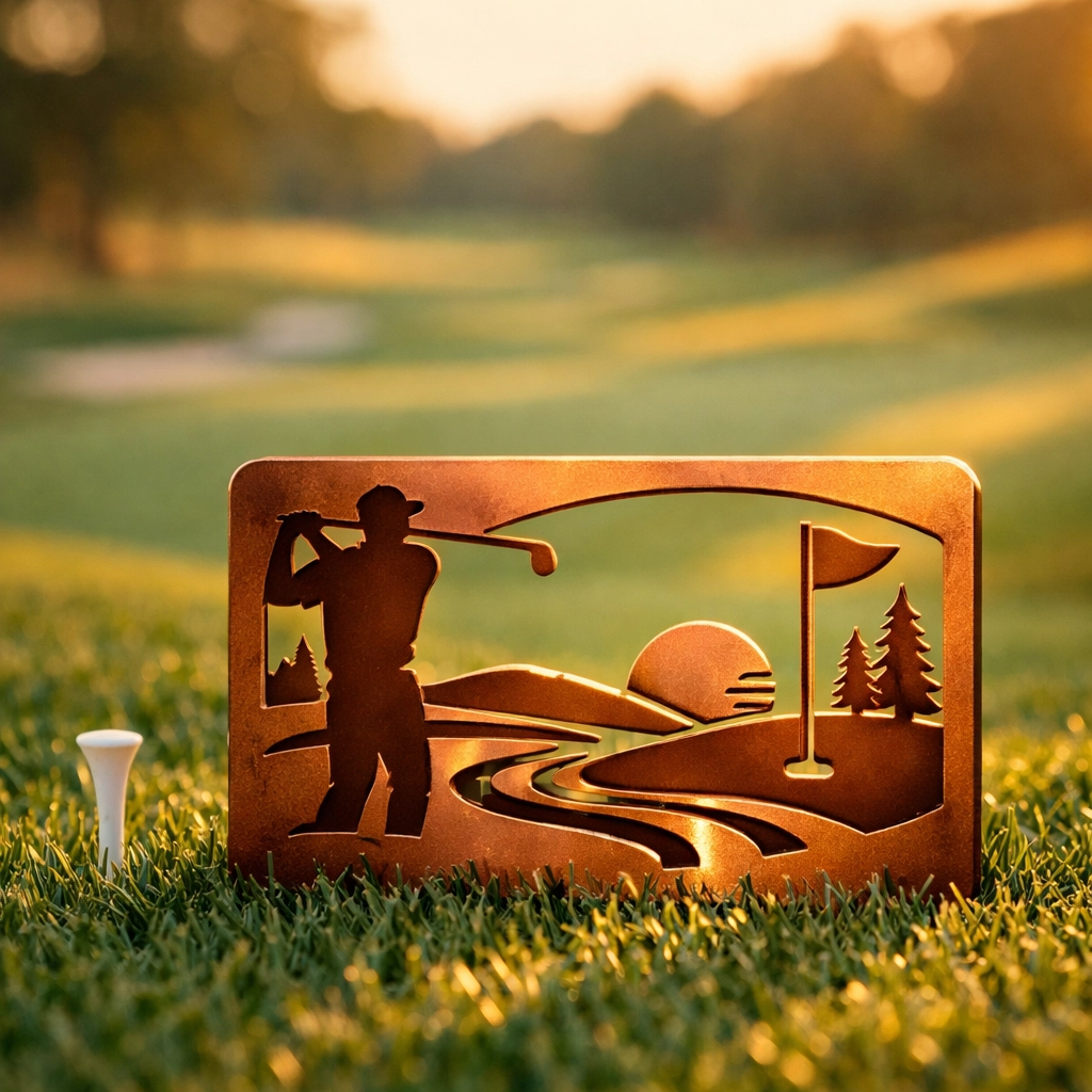 Custom metal tee marker installed on golf course tee box with copper finish