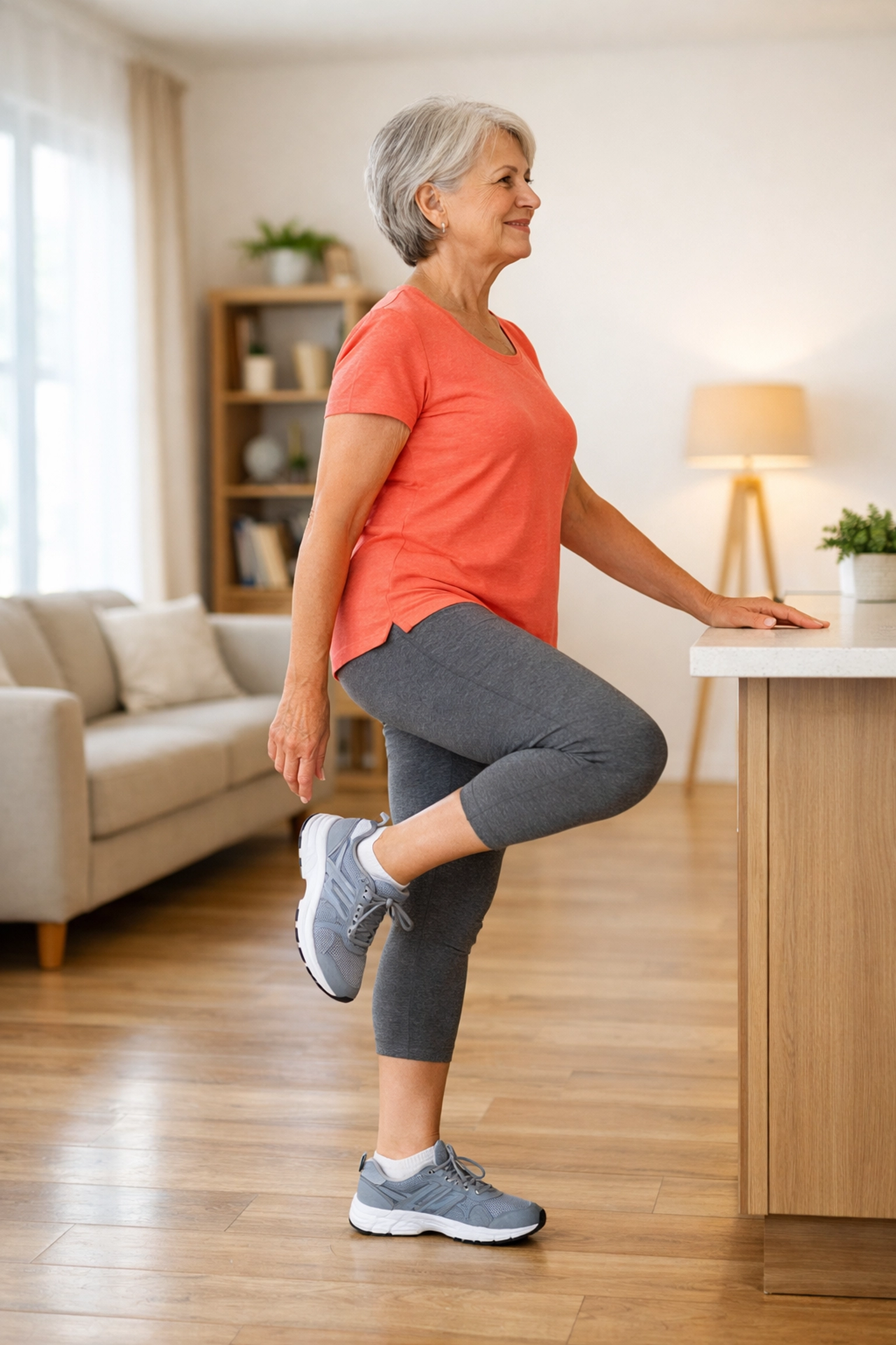 Senior woman practicing balance exercise at home for fall prevention