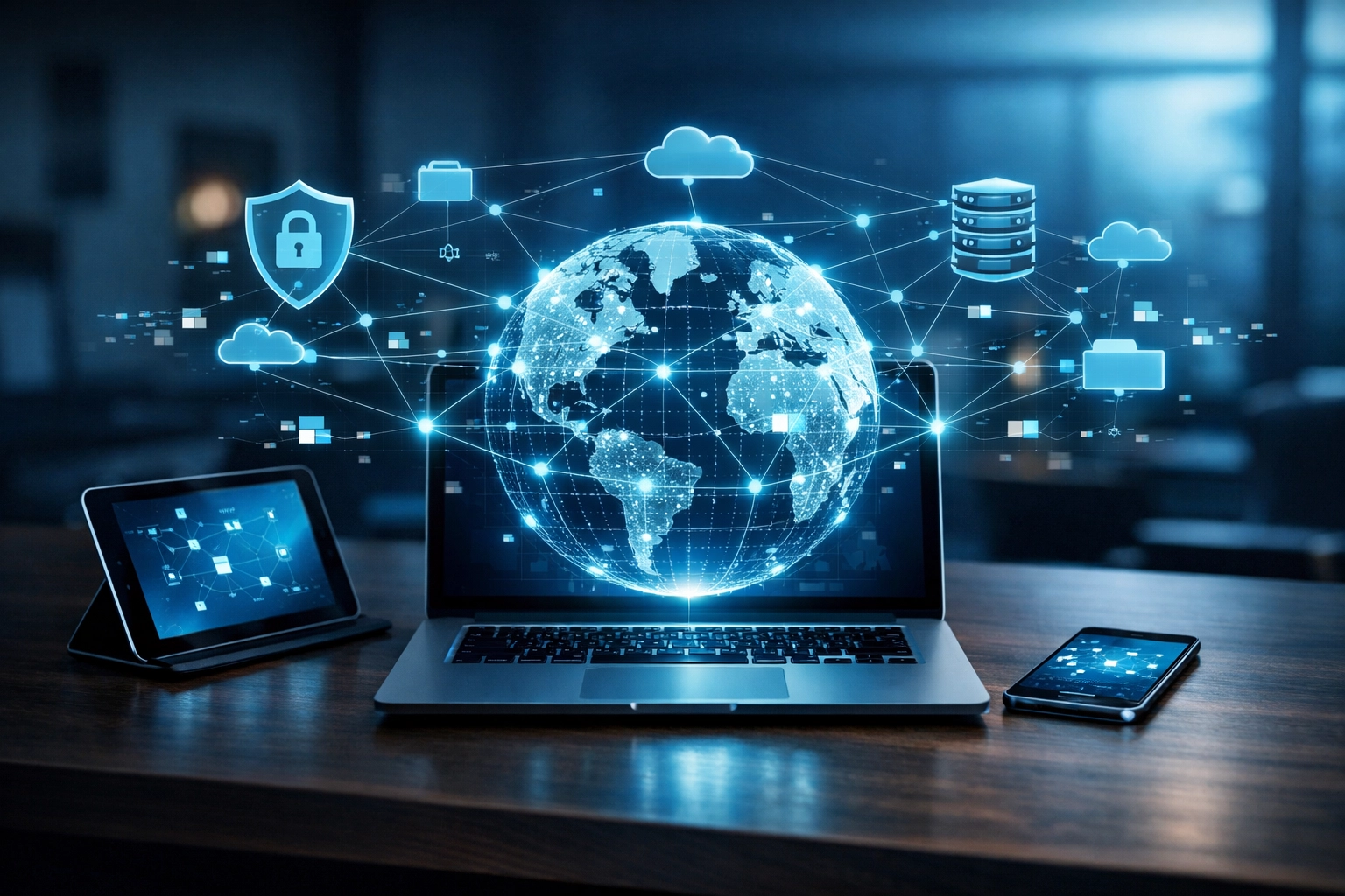 Digital network mapping overlay on a professional workstation representing a complete business IT asset inventory.