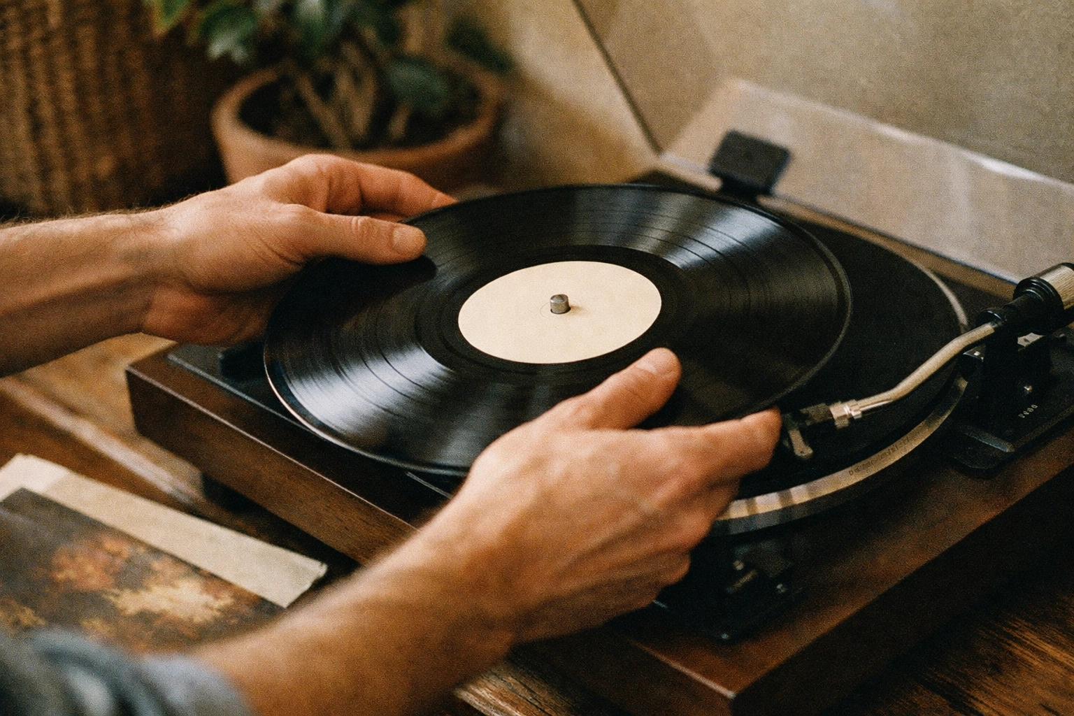Hands placing vinyl record on turntable showcasing the ritual of playing physical media