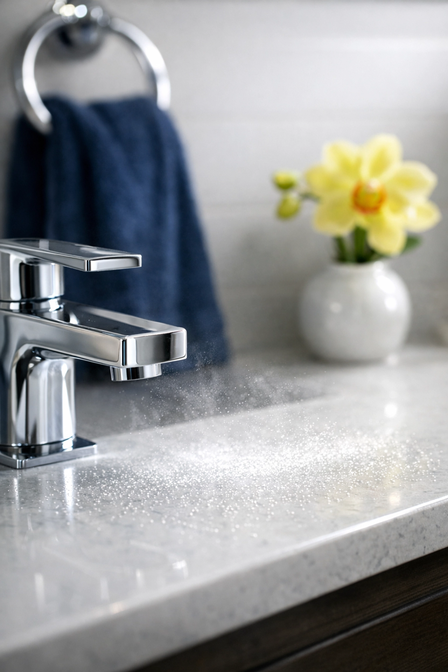 Professional deep cleaning services showing dwell time on a luxury Boston bathroom vanity.