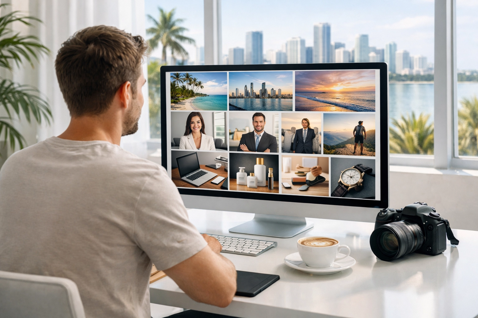 Creative professional reviewing a brand photography library of corporate headshots and products in a Miami studio.