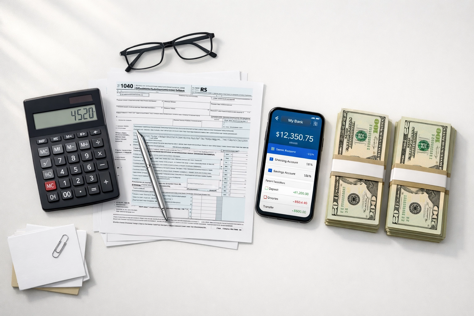 Tax refund planning workspace with calculator, forms, and cash showing financial decision-making