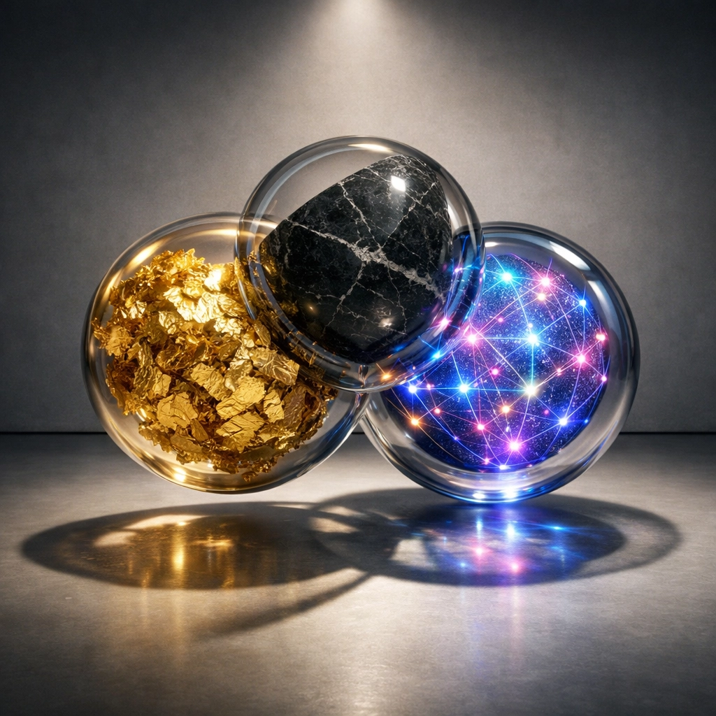 Three balanced spheres representing a diversified 40/30/30 portfolio with stocks, real estate, and crypto.
