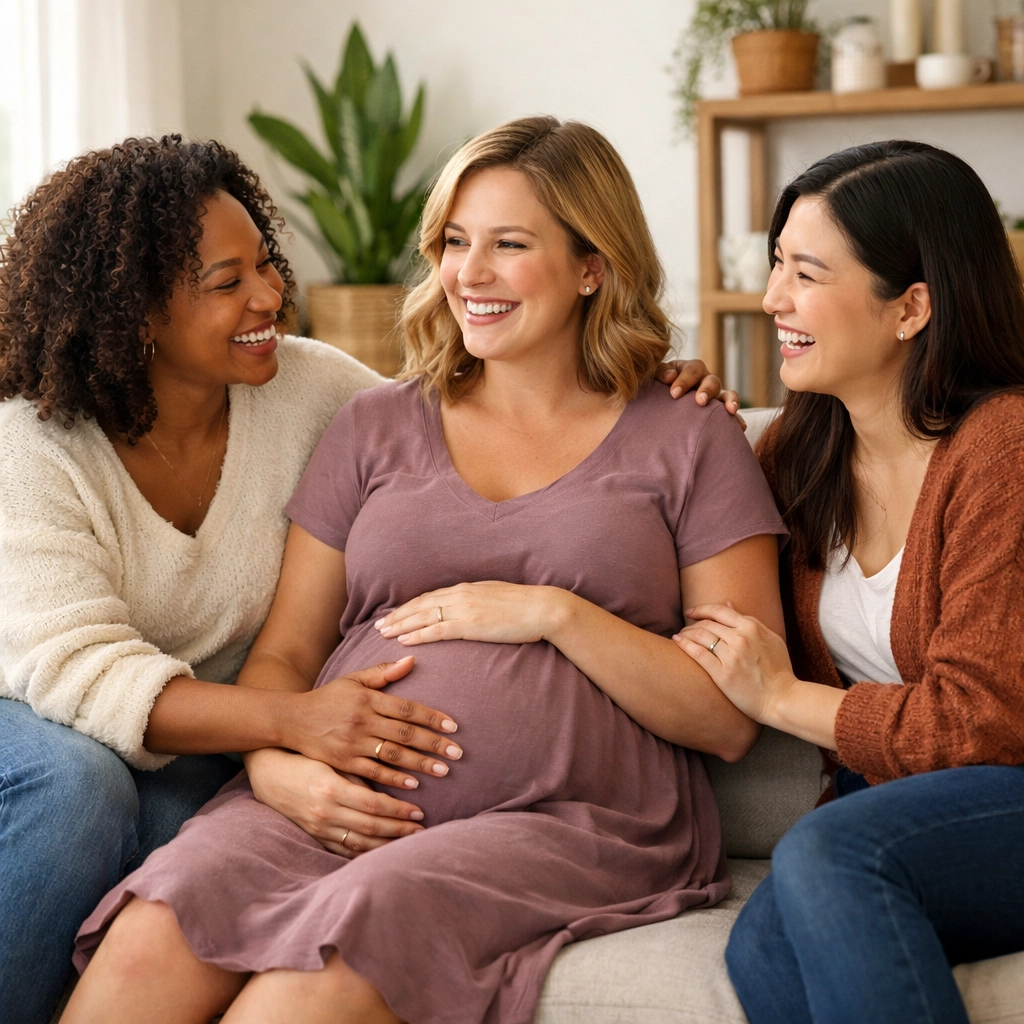 Pregnant surrogate receiving support from friends during surrogacy journey