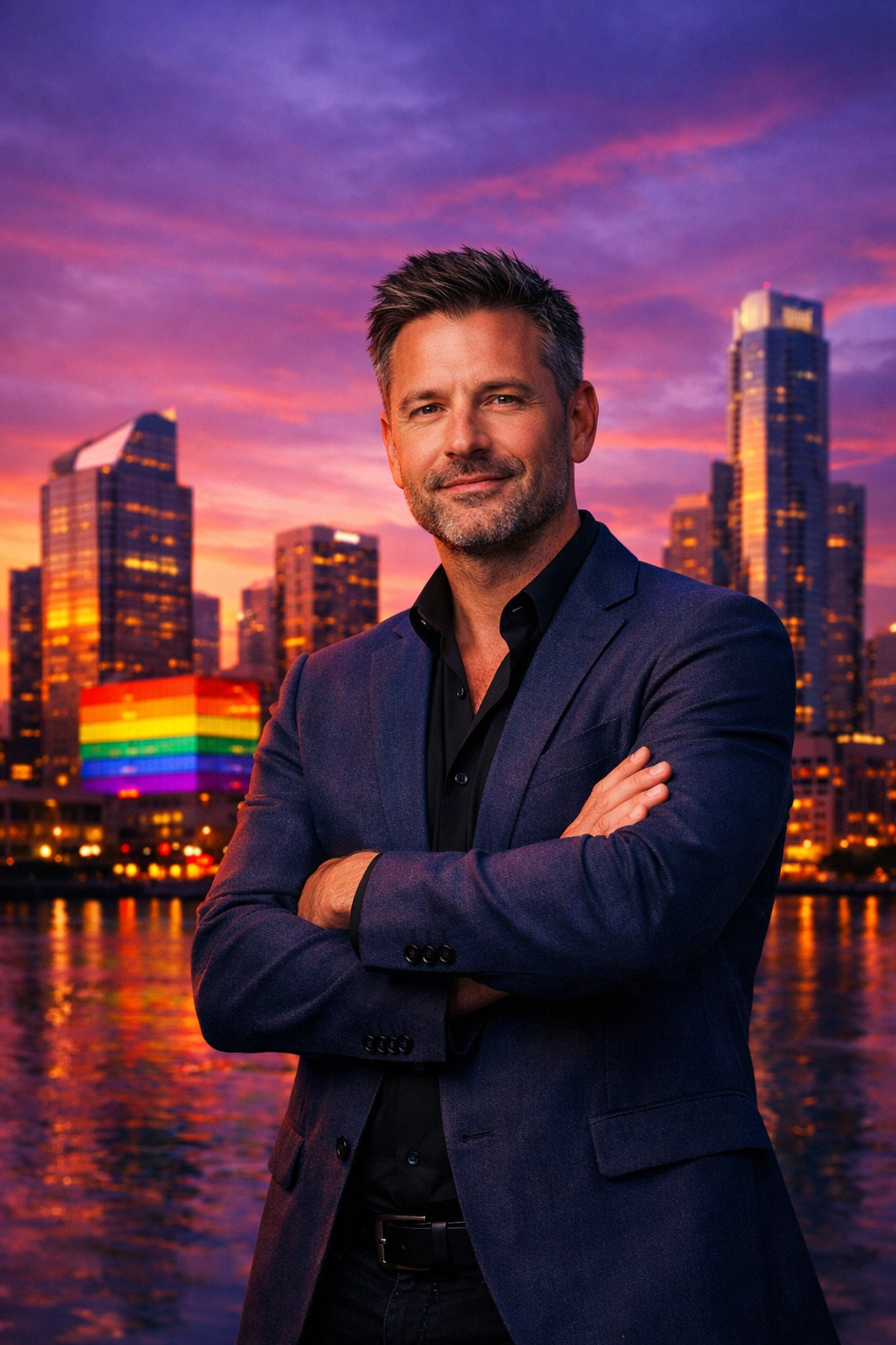 Distinguished man in his forties against city skyline, embodying LGBTQ+ pride and confidence