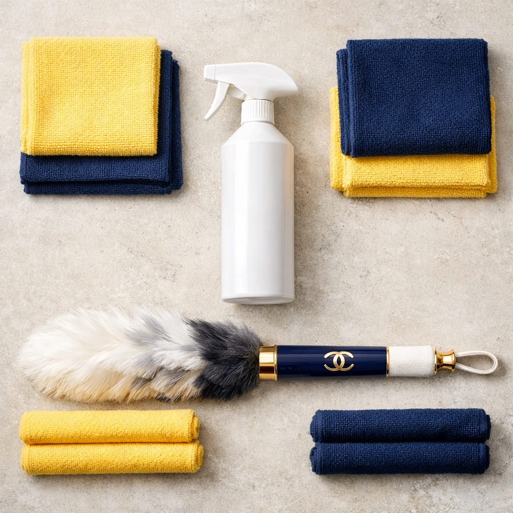 Organized professional supplies and cleaning tools used for a detailed residential deep cleaning.