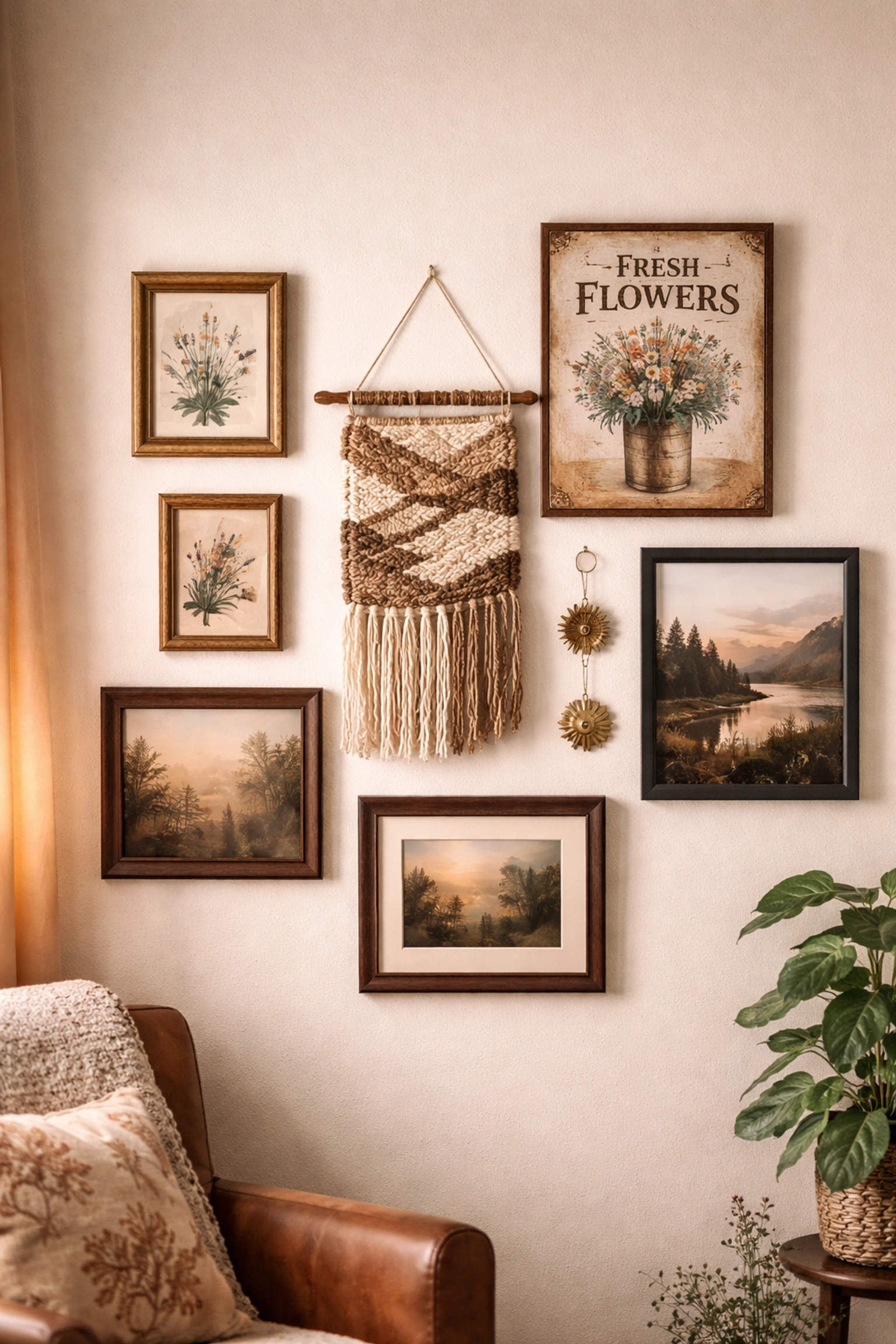 Styled artisan gallery wall with botanical painting, woven fiber piece, tin sign, and nature photography in rustic frames