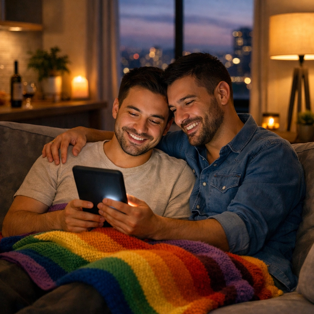 A gay couple relaxing on a sofa while reading the best MM romance books and LGBTQ+ ebooks of 2026.
