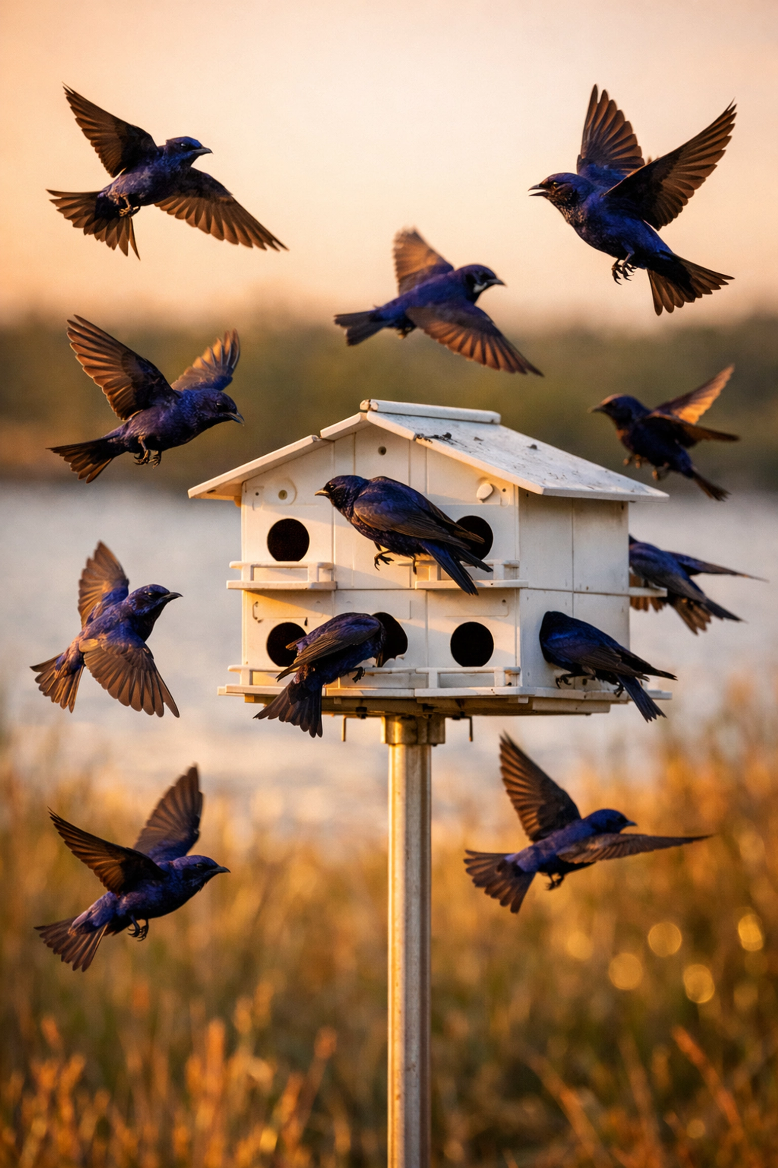 Purple Martin colony in flight around multi-room birdhouse at sunset