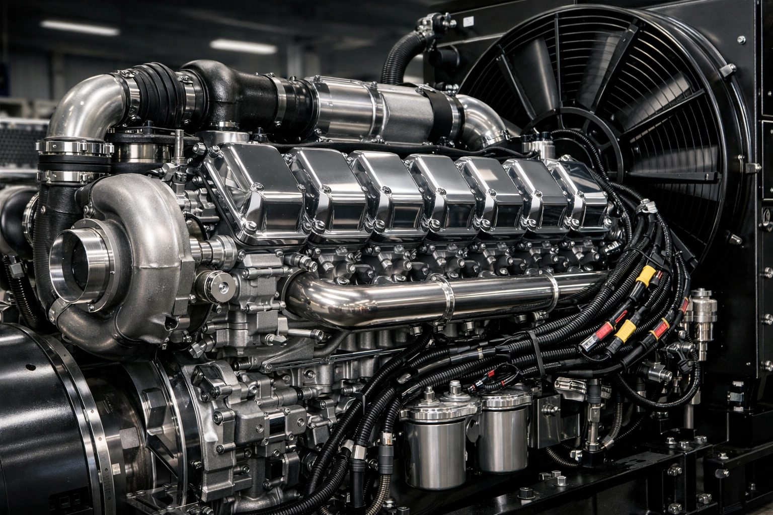 Looking For a Used Industrial Generator? Here Are 10 Things You Should Know 2 Close-up of a high-performance engine block and wiring inside a standby industrial generator set.