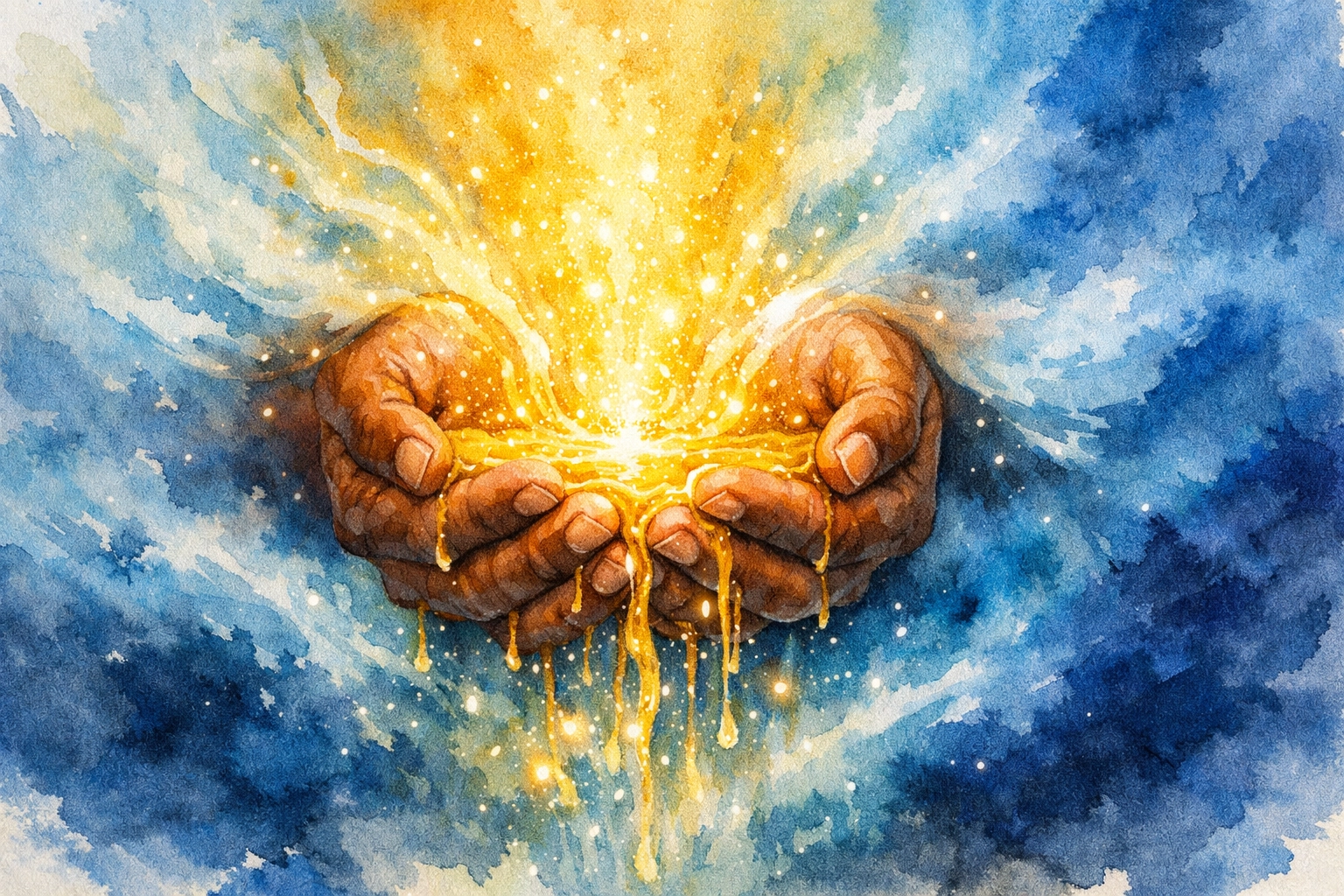 Hands overflowing with golden light to symbolize hope through the power of the Holy Spirit.