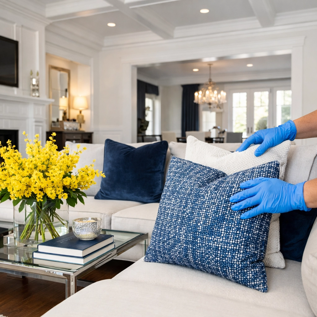 Professional cleaners in Easton providing customized residential cleaning in a modern, organized living room.