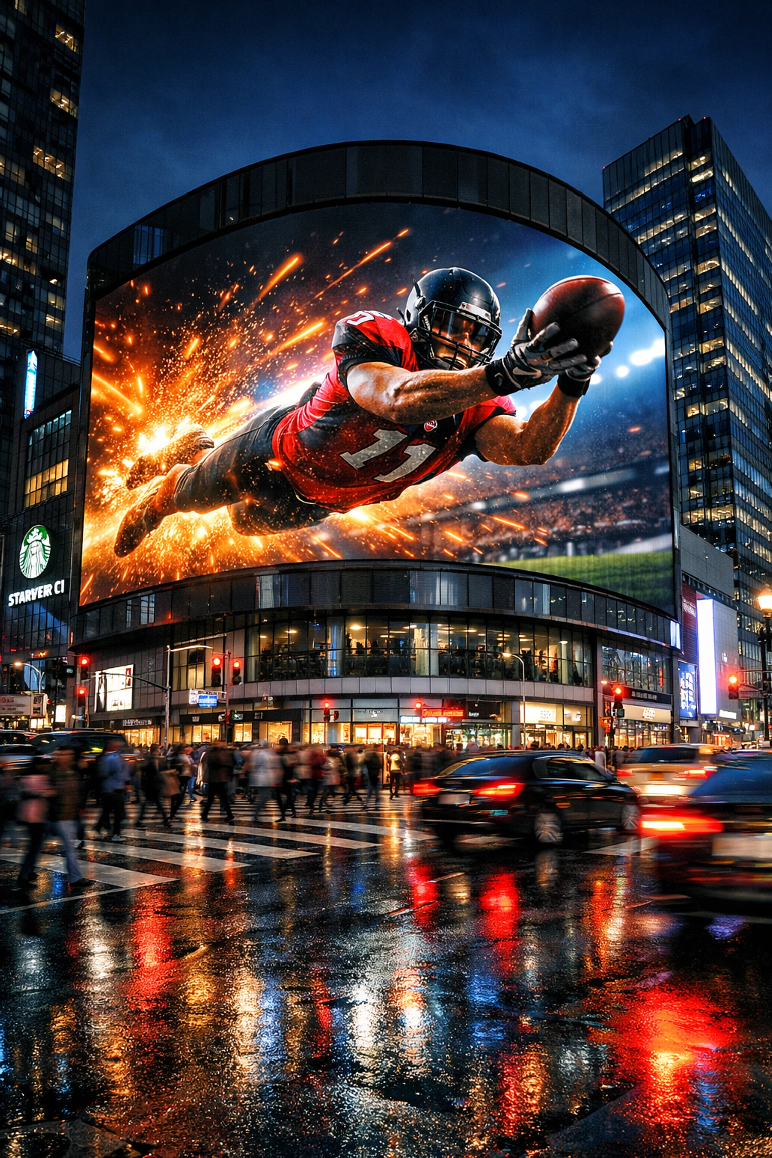 High-impact digital billboard at a busy city intersection featuring Super Bowl sports branding.